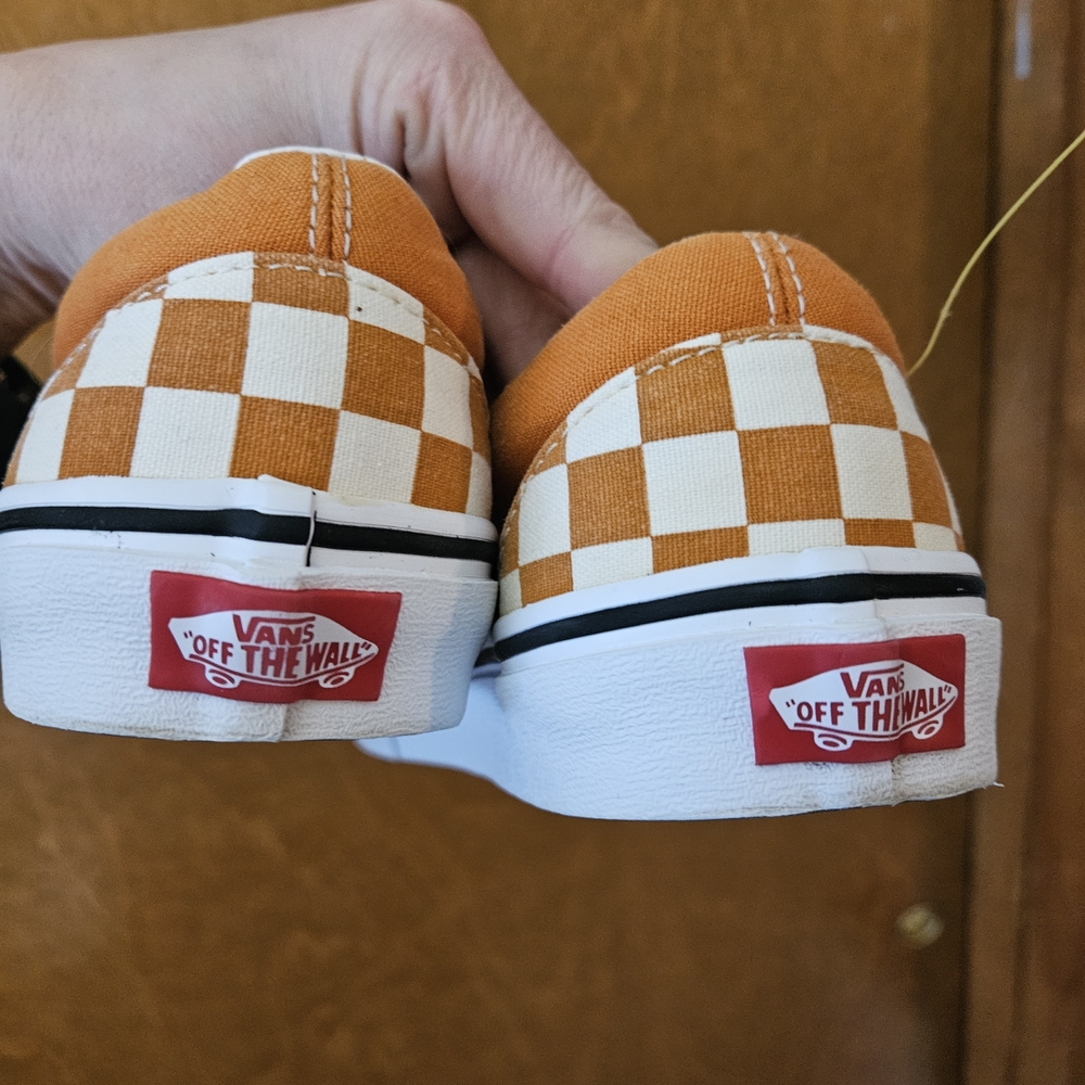 Vans Checkerboard Slip-On Sneakers in White and Orange - Picture 4 of 6